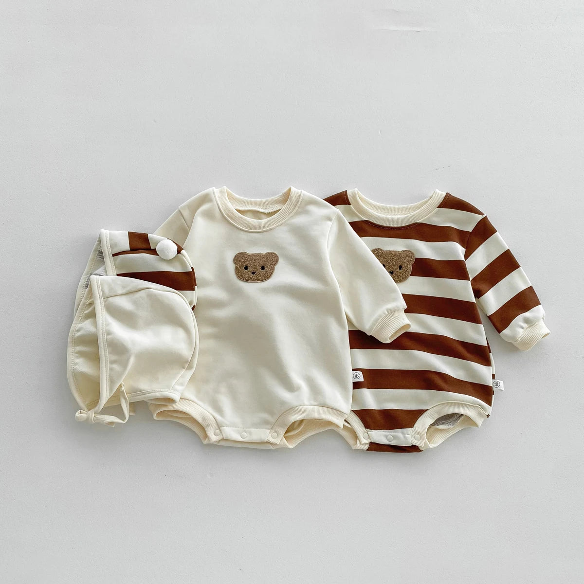 FLM Baby Romper Long Sleeved Bear Pattern + Hat Stripe Toddler Boy  Jumpsuit Baby Clothes 0-24M