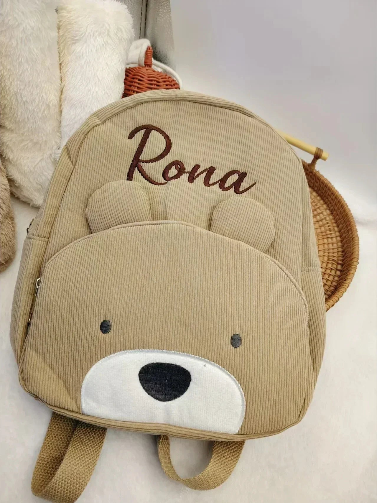 Customized Name Toddler Backpack Cartoon Bear Corduroy Large Capacity Backpack Embroidered Name Backpack Plush Bag