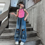 Girls Ripped Jeans Summer New Children's Loose Wide-leg Pants Kids Clothes Teenager Girl Fashion Heart Hollow Out Denim Trousers