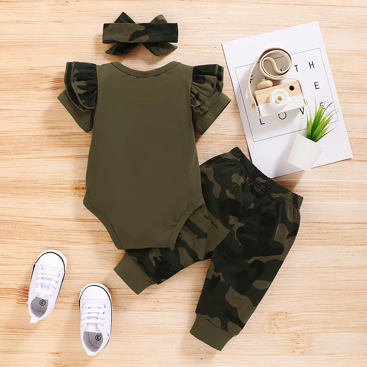 Infant Baby Girl Clothes Set Cotton Solid Letters Short Sleeve Romper Camouflage Pants and Bowknot Headband 3pcs Outfit