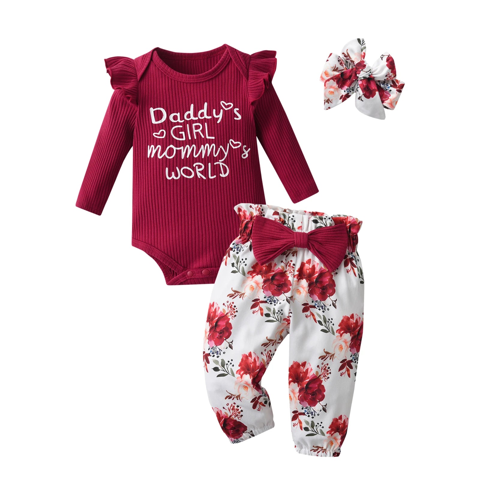 Newborn infant Baby Girls Fashion Clothes Set Letters Printed Cotton Long Sleeve Bodysuit Top + Hearts Pattern Pants + Headband