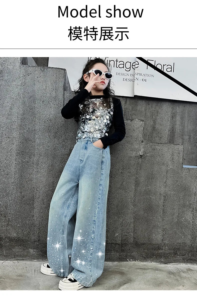 2024 New Kids Girls Wide-Leg Jeans Fashion Rhinestone Sequin Elastic Waistband Pants Denim Trousers Casual Children Bottoms