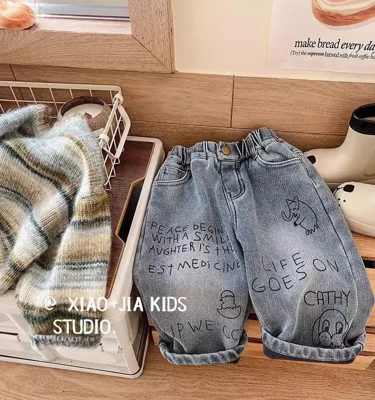 2025 Spring Autumn Kid Boys Denim Pants Side Pocket Polished White Children Boys Pants Elastic Waist Casual Baby Boys Trousers