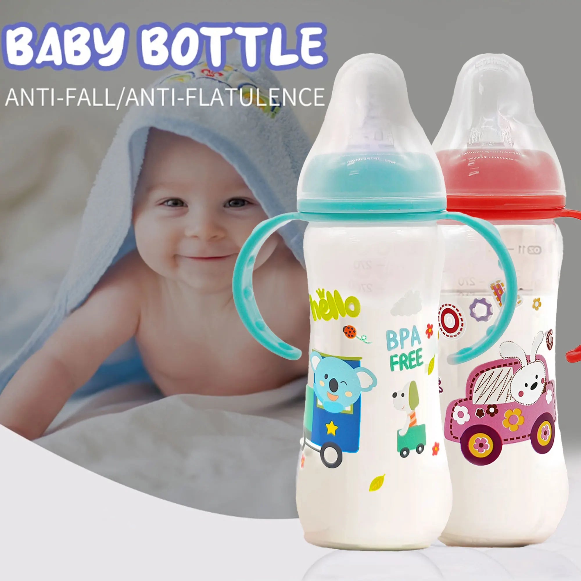 Lightweight and drop-resistant 250ml baby bottle with cartoon handle and breastmilk silicone nipple, PP bottle for 0-36 babies