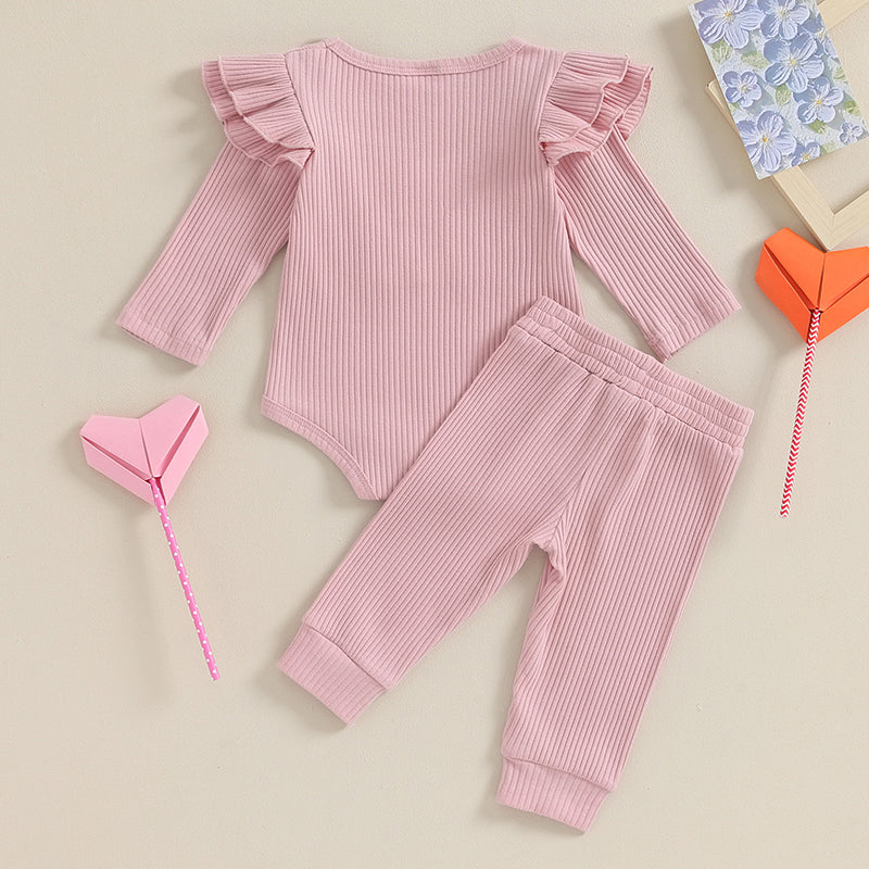 Mubineo 0 to18 Months Baby Girl Clothes Ribbed Romper Ruffle Long Sleeve Pants for Newborn Pink Outfits Baby Clothing Spring Set