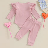 Mubineo 0 to18 Months Baby Girl Clothes Ribbed Romper Ruffle Long Sleeve Pants for Newborn Pink Outfits Baby Clothing Spring Set