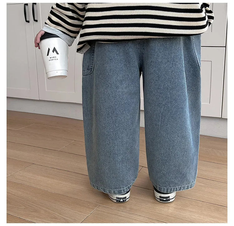 2025 Spring Autumn Kid Boys Denim Pants Side Pocket Polished White Children Boys Pants Elastic Waist Casual Baby Boys Trousers