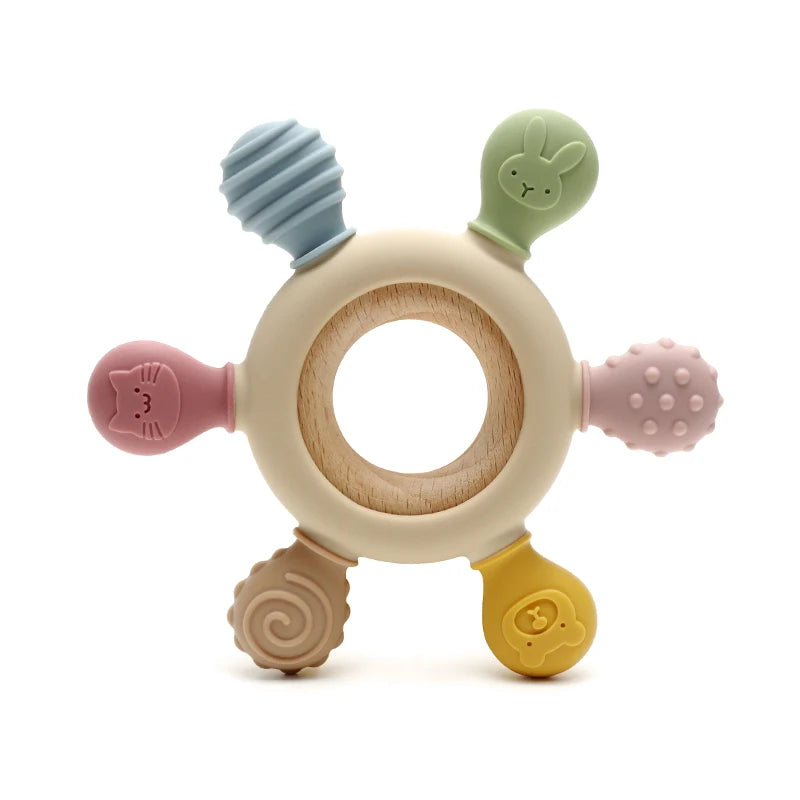 Color Kids Silicone Baby Toys Rudder Shape Wooden Ring Teether Toys Infant Chewing Nursing Toy Newborn Molar Baby Accessories