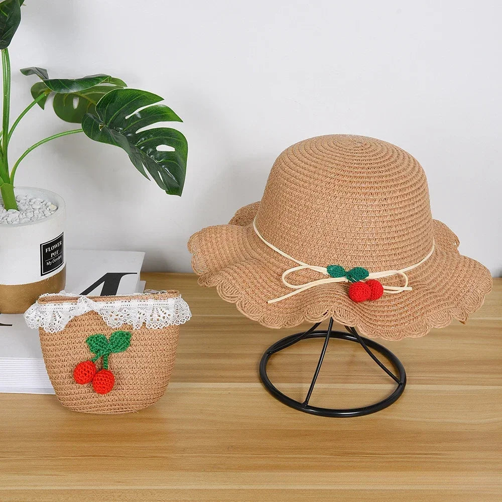 Kids Hat For Girls 2-7Y Straw Children's Sunshade Cap Bag Summer Baby Travel Sunscreen Beach Hat Sun Fisherman Cap Fashion Style