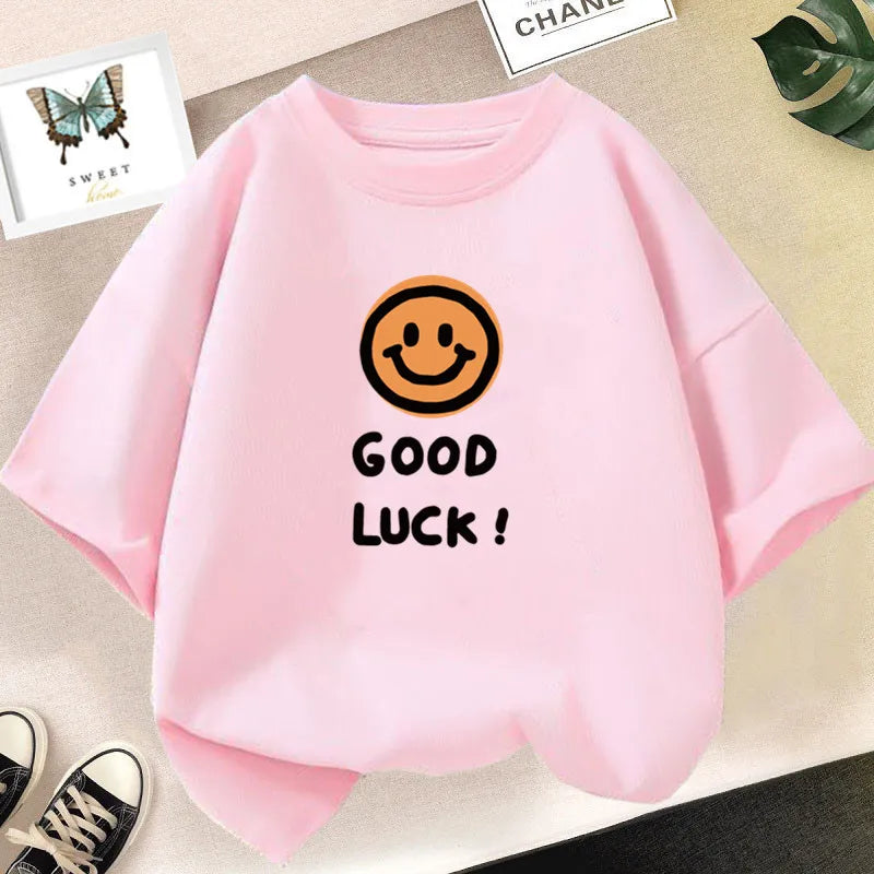 Happy Smile Design Girls Tshirt Kids Street Breathable Tops Personality Cotton Clothing Summer Cool Sports T-Shirts