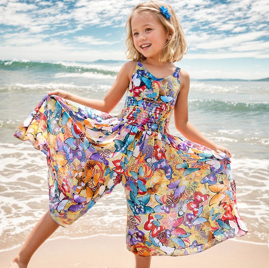 Girls Flower Bohemian Summer Dress ChildKids Girl Beach Dresses Chiffon Dresses Floral Teenager Girl's Clothes 6 8 10 12 14 Year