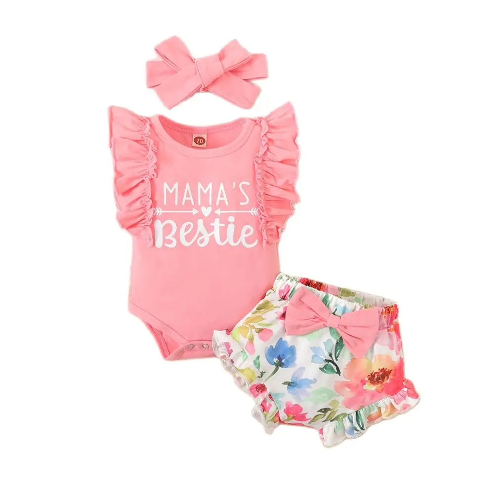 0-18Months Newborn Baby Girl Clothes Mommy's Girl Print Sleeveless Romper Top+Flowers Shorts+Headband Summer Lovely 3PCS Outfit