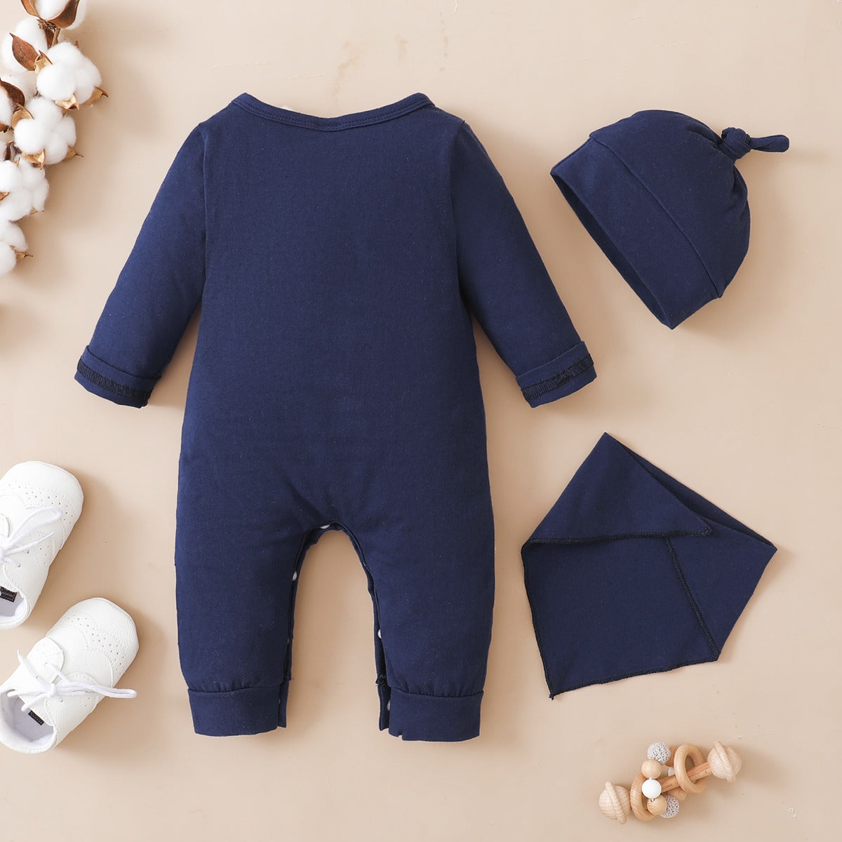 3PCS Newborn Baby Boy Fashion Jumpsuit Solid Color Long Sleeve Bodysuit+Hat+Bibs Spring&Autumn Romper for Infant Boy 0-12 Months