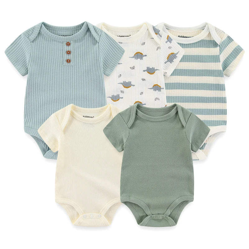 Unisex 5Pieces Newborn Bodysuits Cotton Baby Girl Clothes Set Summer Print Baby Boy Clothes Cartoon Sleeveless Solid Color Bebes