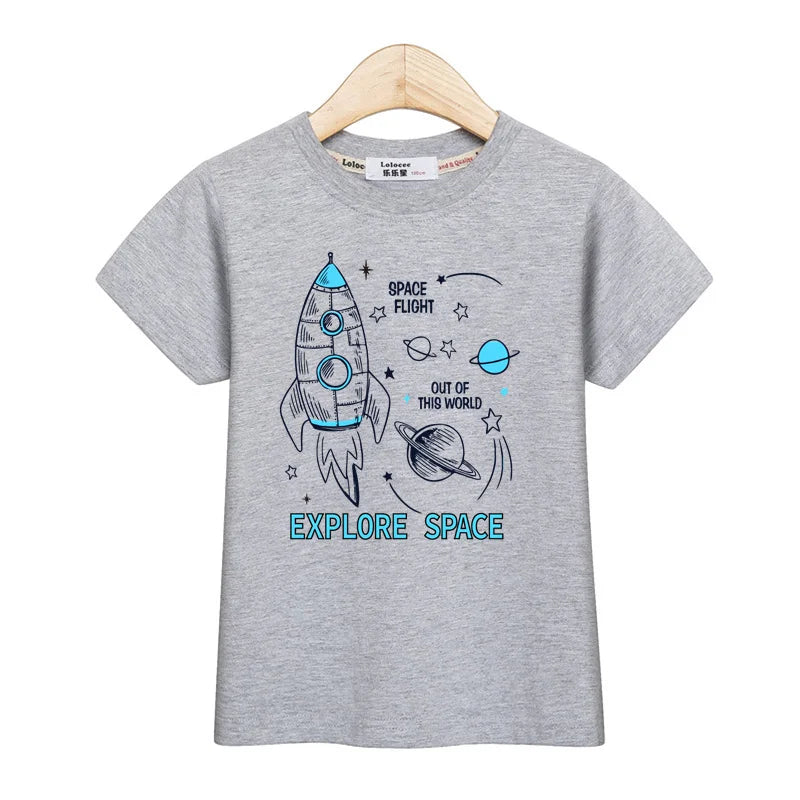 2024 New Spaceship T-shirt Baby Boys Short Sleeved Tops Children Summer Cartoon Shirt 3-14T