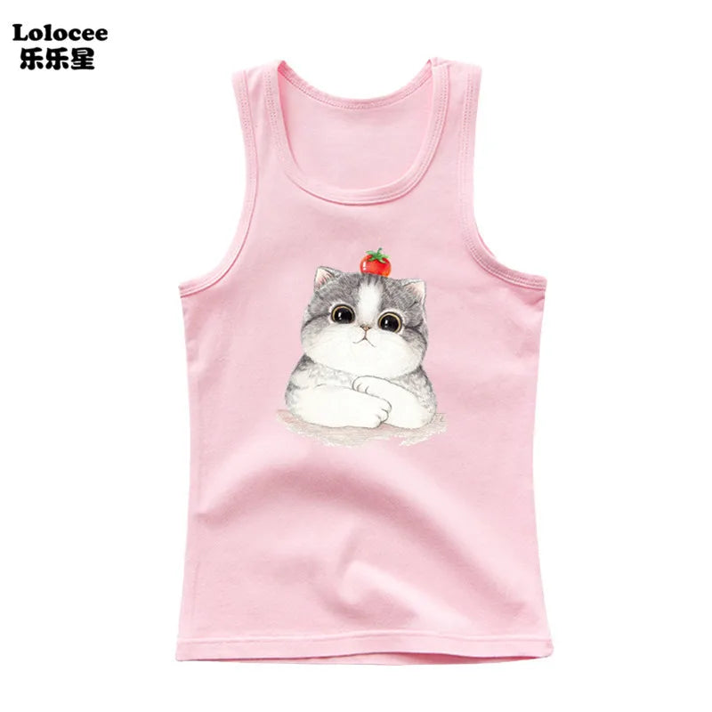 2024 Summer Girls Cute Cat Print  Vest Princess Girl Fashion Tank Top Kids Sleeveless T-shirt 3-14y