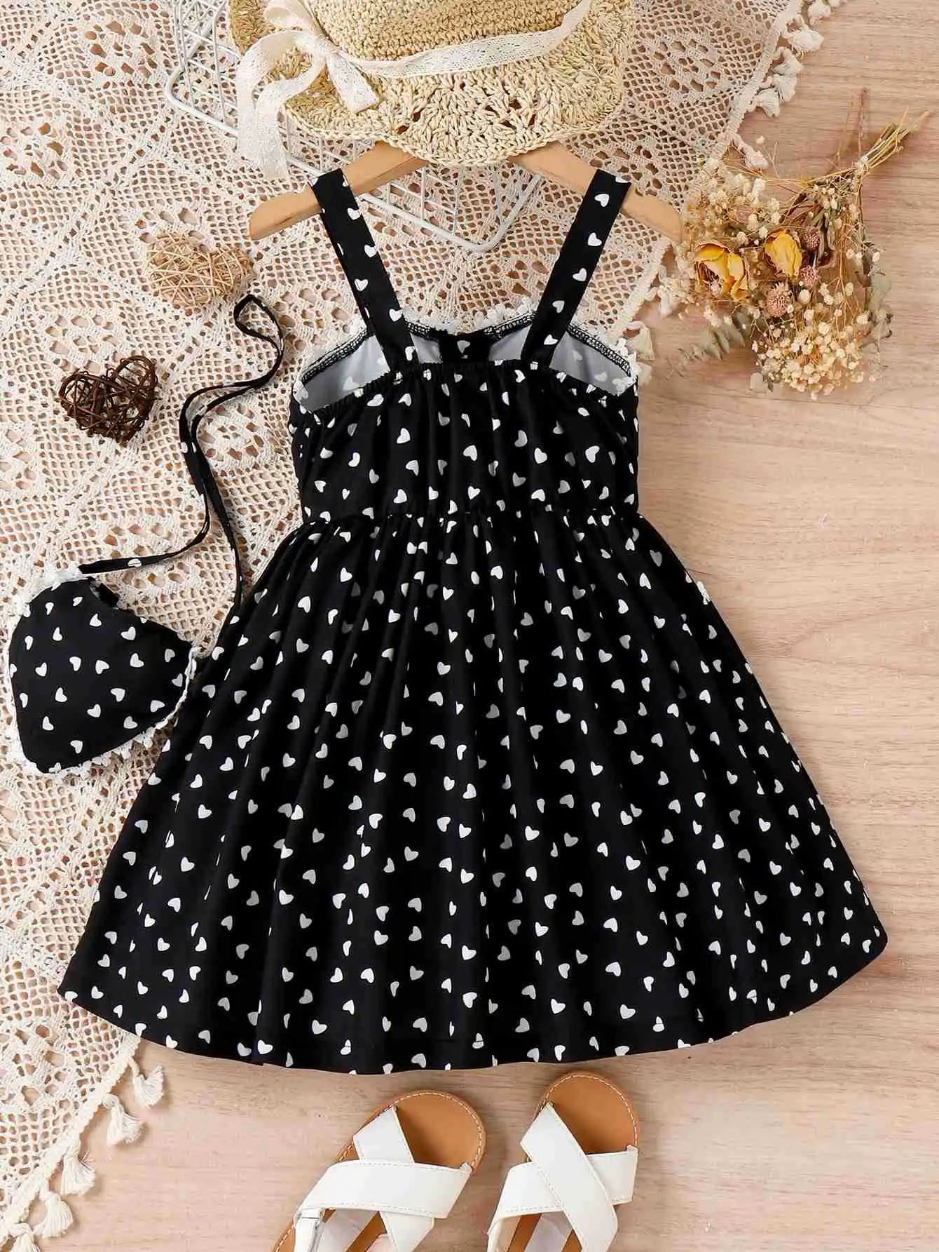 Ceeniu 2pcs Party Dresses For Girls Spaghetti Strap Pocket Heart Red Dress+Heart Bag Kids Birthday Dress Children's Clothing