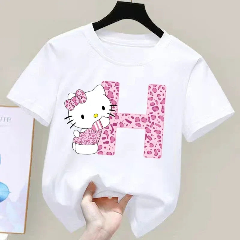 Hello Kitty Letter A-Z Children's Cotton Short-sleeved Top Sanrio Summer T-shirt Girly Heart Soft Clothes Kawaii Birthday Gift