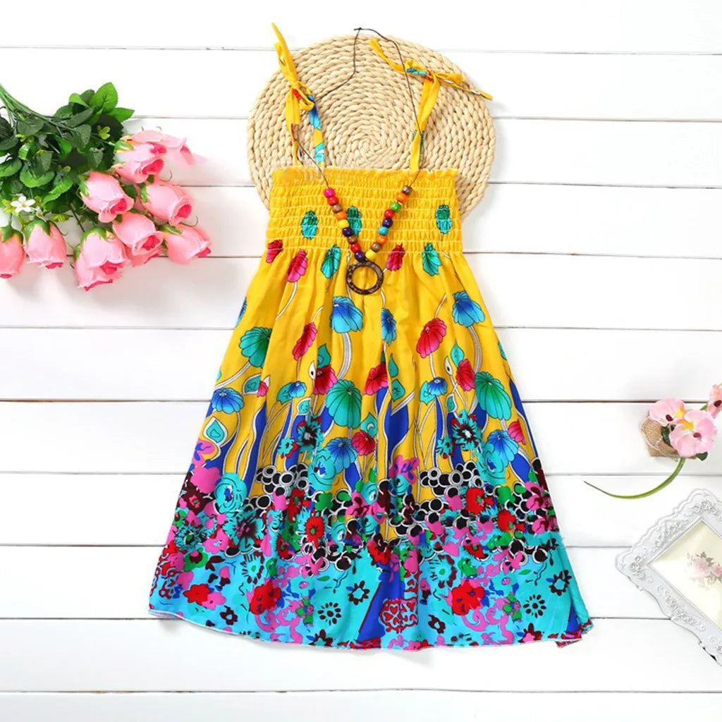 2024 Summer Dress Infant Kids Girls Baby Clothes Vestidos Floral Bohemian Beach Straps Dress  детская одежда Ropa Para NiñAs