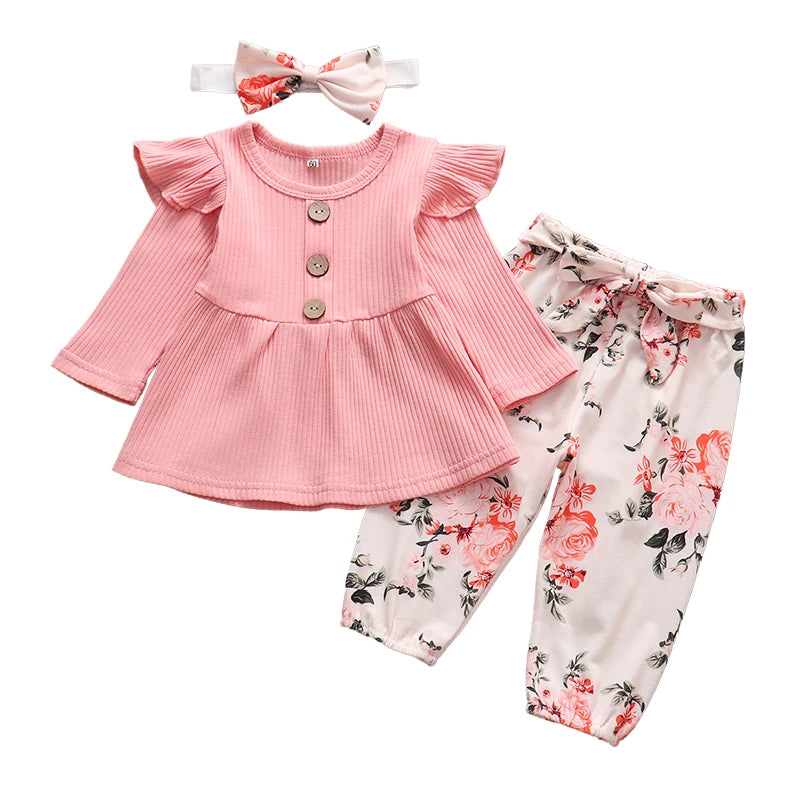 3Pcs Autumn Baby Girl Clothes Sets Infant Newborn Long Sleeve Tops Floral Print Pants Headband Solid Clothing Outfit 0 3-24M