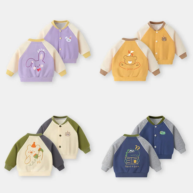 Spring Autumn Children Boy Baseball Uniform Cotton Bear Dinosaur Baby Boy Jackets V-collar Spliced Raglan Sleeve Infant Boy Coat