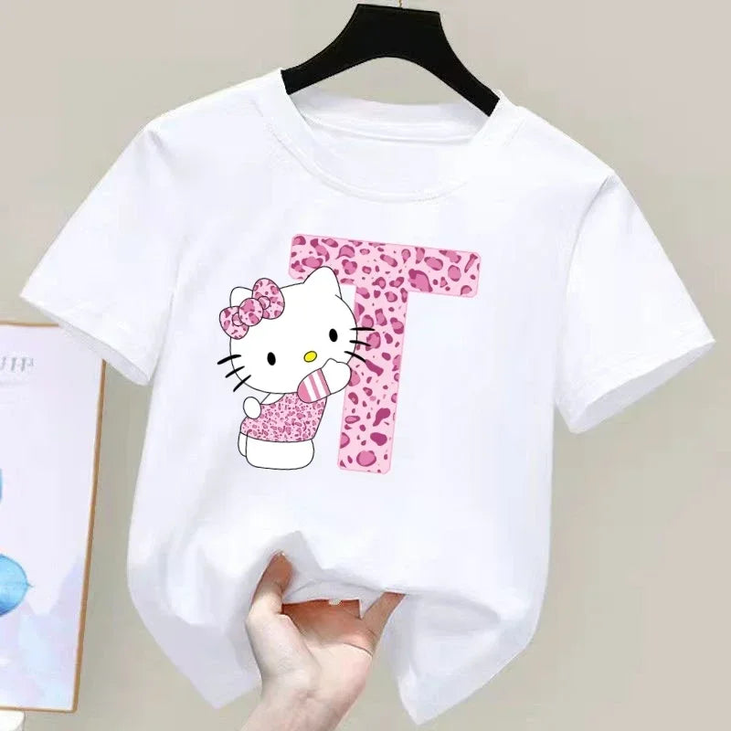 Hello Kitty Letter A-Z Children's Cotton Short-sleeved Top Sanrio Summer T-shirt Girly Heart Soft Clothes Kawaii Birthday Gift