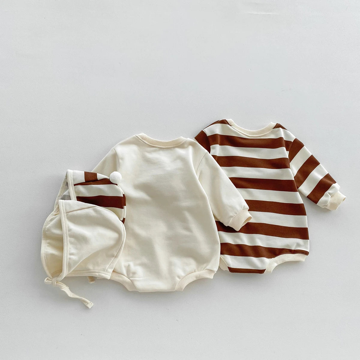 FLM Baby Romper Long Sleeved Bear Pattern + Hat Stripe Toddler Boy  Jumpsuit Baby Clothes 0-24M