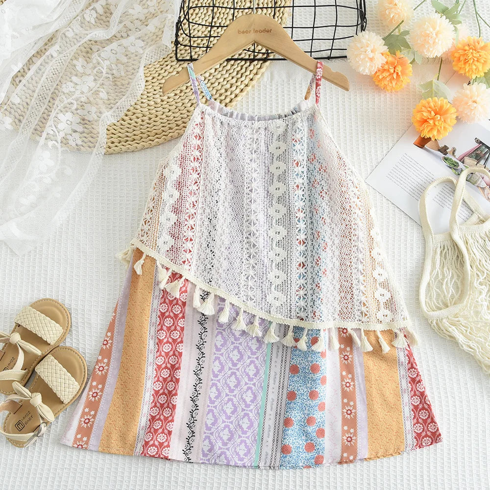 Bear Leader Summer Girls Print Clothes Bohemian Style Hollow Lace Tassel Sling Princess Dress Kids Wear Flower Stripes Outfits