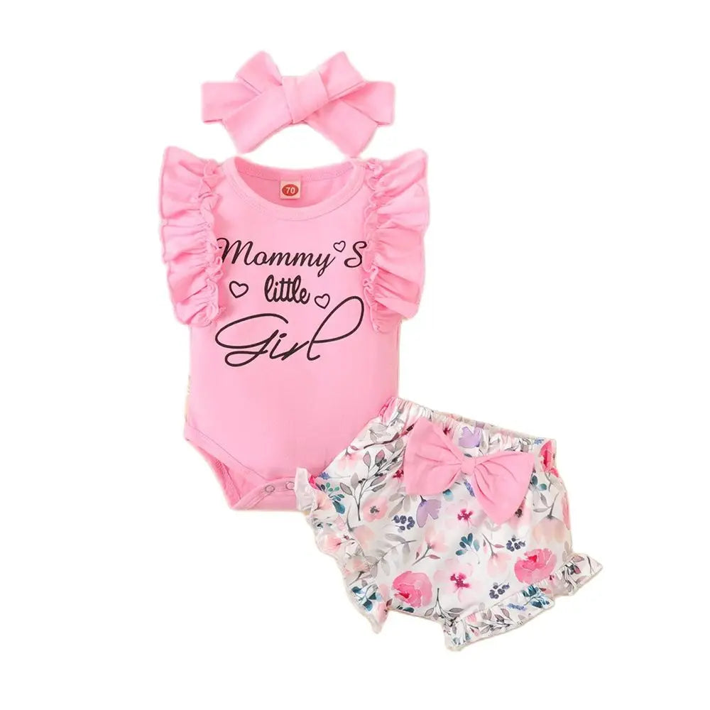 0-18Months Newborn Baby Girl Clothes Mommy's Girl Print Sleeveless Romper Top+Flowers Shorts+Headband Summer Lovely 3PCS Outfit