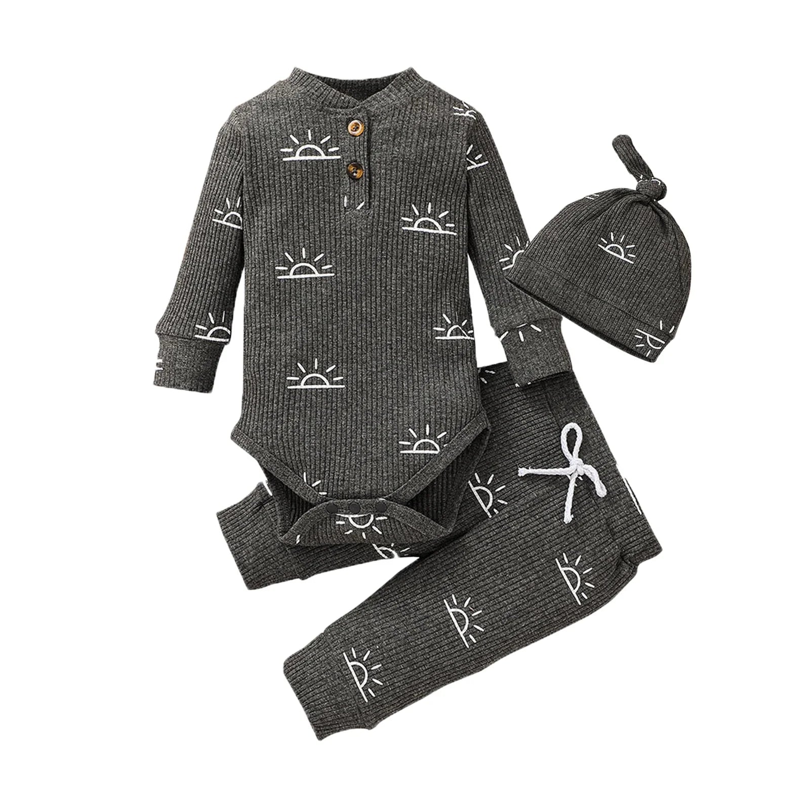 3PCS Baby Boy Clothes Set Spring Autumn Knitted V-neck Romper+infant Pants+Cap Newborn Outfit