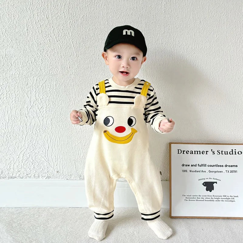 Spring Autumn New Newborn Boys Romper Fake Two Pieces Cartoon Eyes Print Infant Boys Bodysuit Patched Striped Baby Boys Jumpsuit