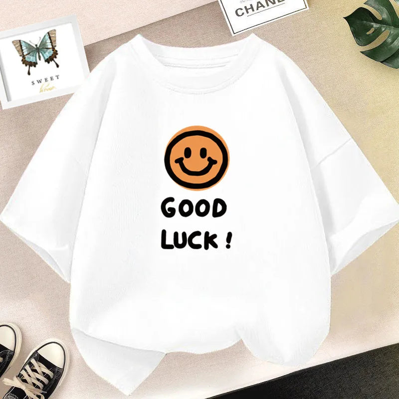 Happy Smile Design Girls Tshirt Kids Street Breathable Tops Personality Cotton Clothing Summer Cool Sports T-Shirts