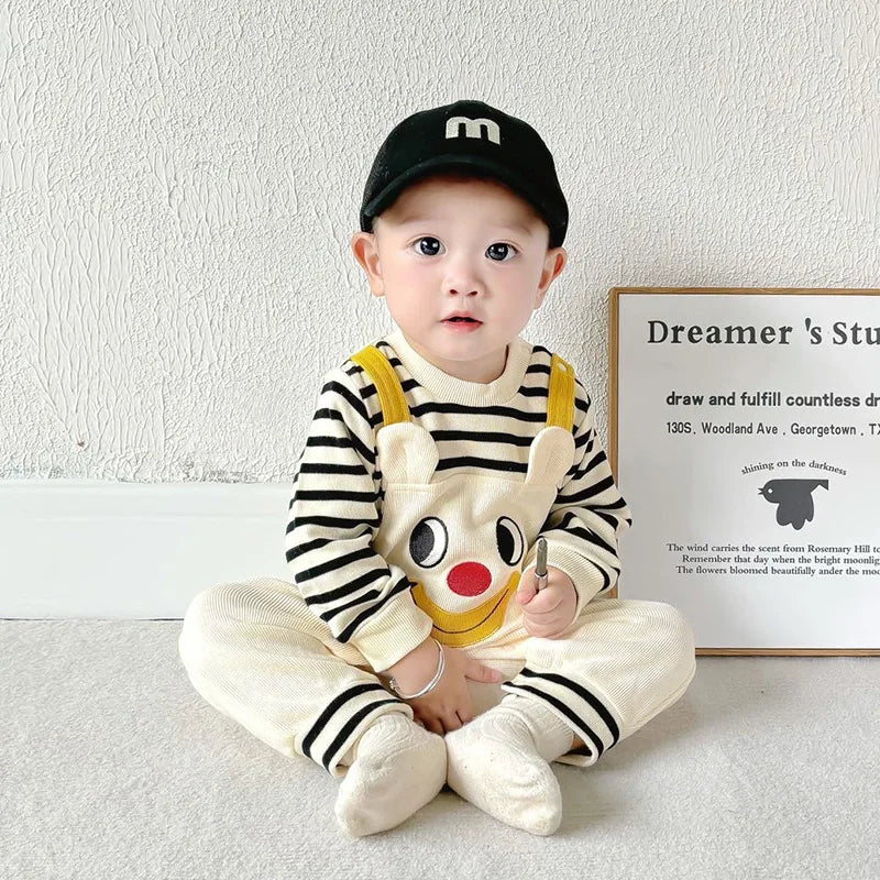 Spring Autumn New Newborn Boys Romper Fake Two Pieces Cartoon Eyes Print Infant Boys Bodysuit Patched Striped Baby Boys Jumpsuit