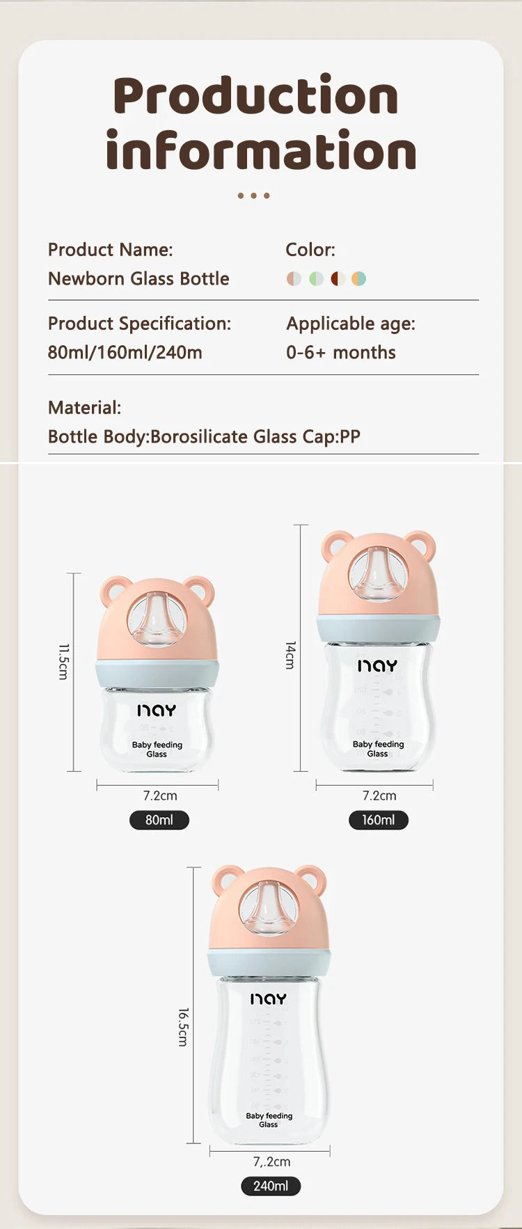 0-3 Month Glass Bottle Newborn Glass Feeding Bottle Wide Caliber Anti-flatulence Nursing Anti-Choke Baby Bottle Infant BPA Free