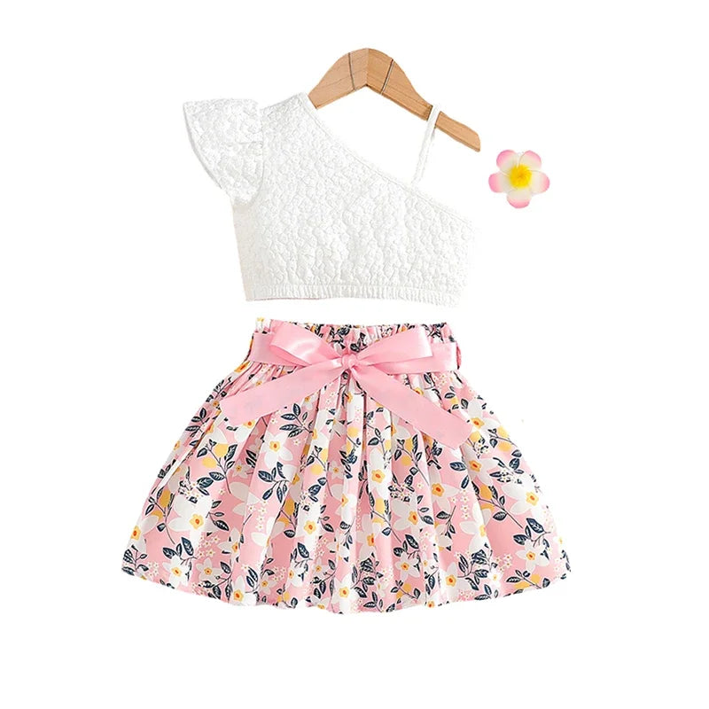 Camisole and Floral Short Skirt Trendy Girls' 2Pcs Set Children's Summer Clothes 2-5Y  Kids Suspenders Top Suit Girls Outfit