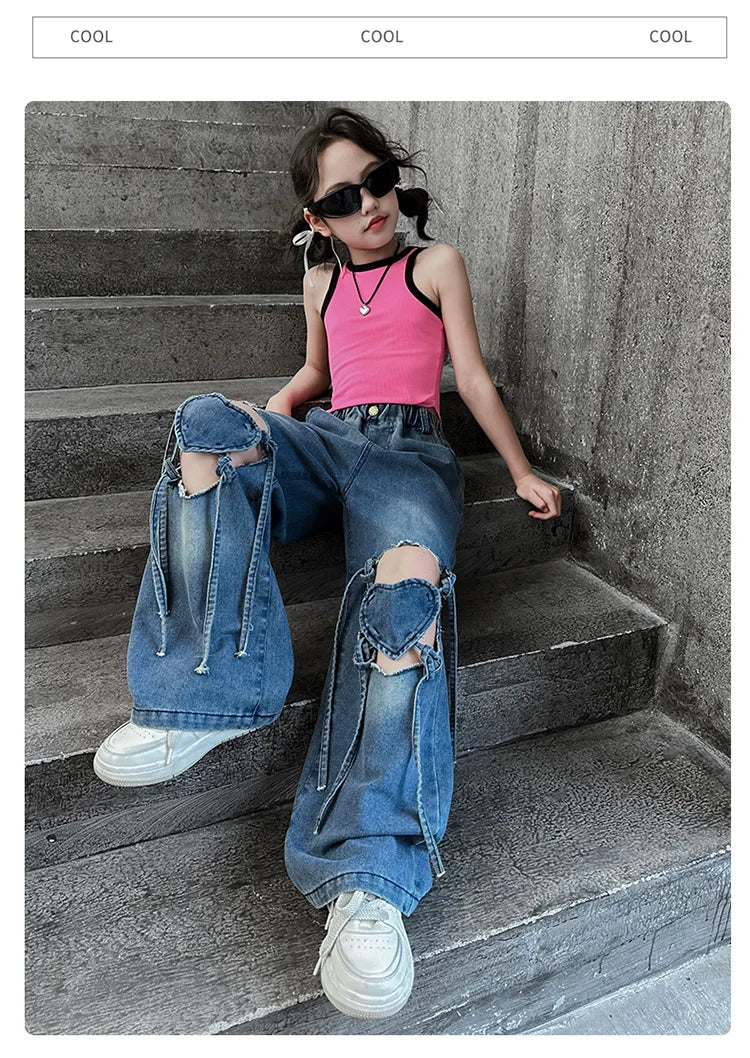 Girls Ripped Jeans Summer New Children's Loose Wide-leg Pants Kids Clothes Teenager Girl Fashion Heart Hollow Out Denim Trousers