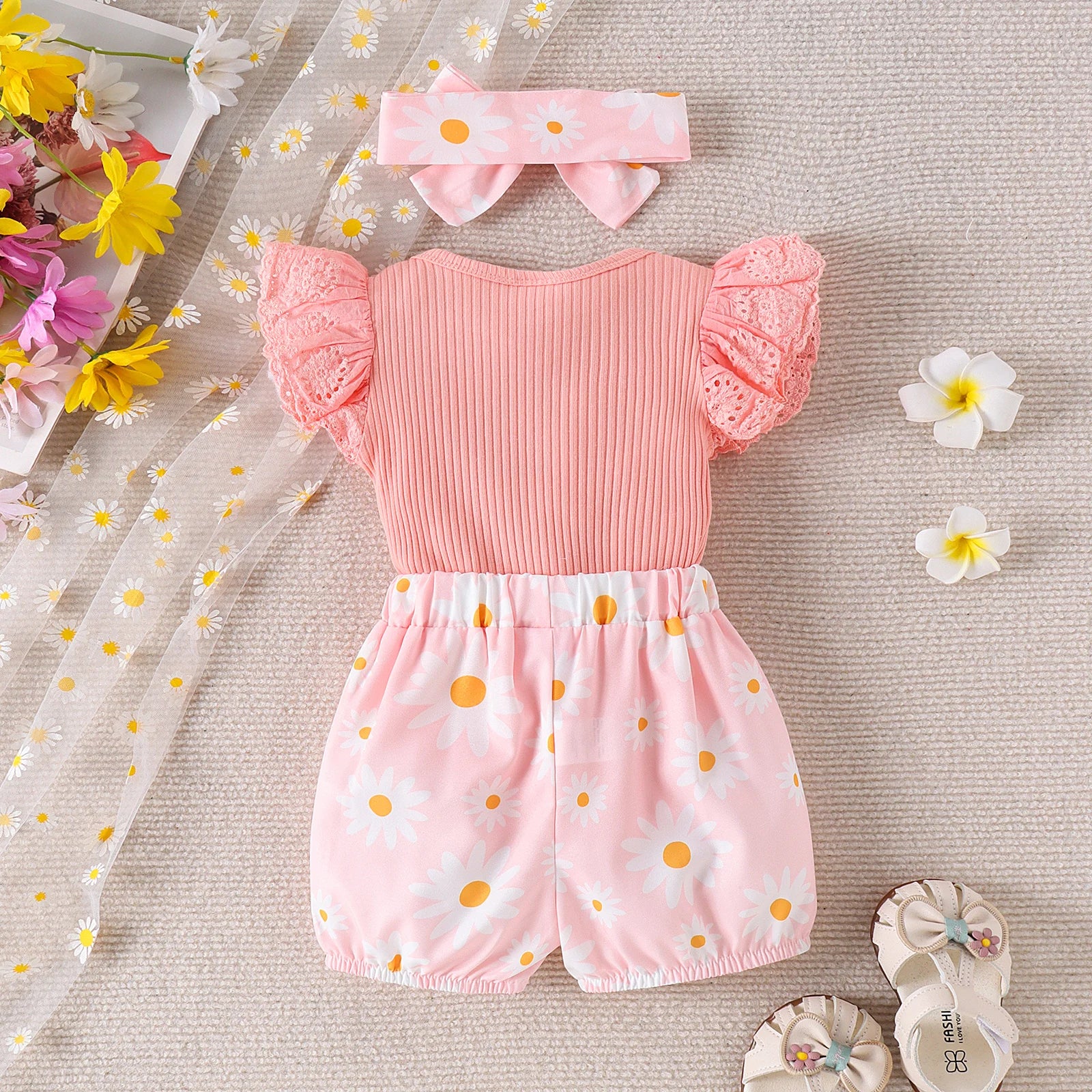 3PCS Summer 0-1 Year Old Girl Baby Sweet Fashionable Cute Letter Pit Strip Flying Sleeve Top + Printed Shorts Set