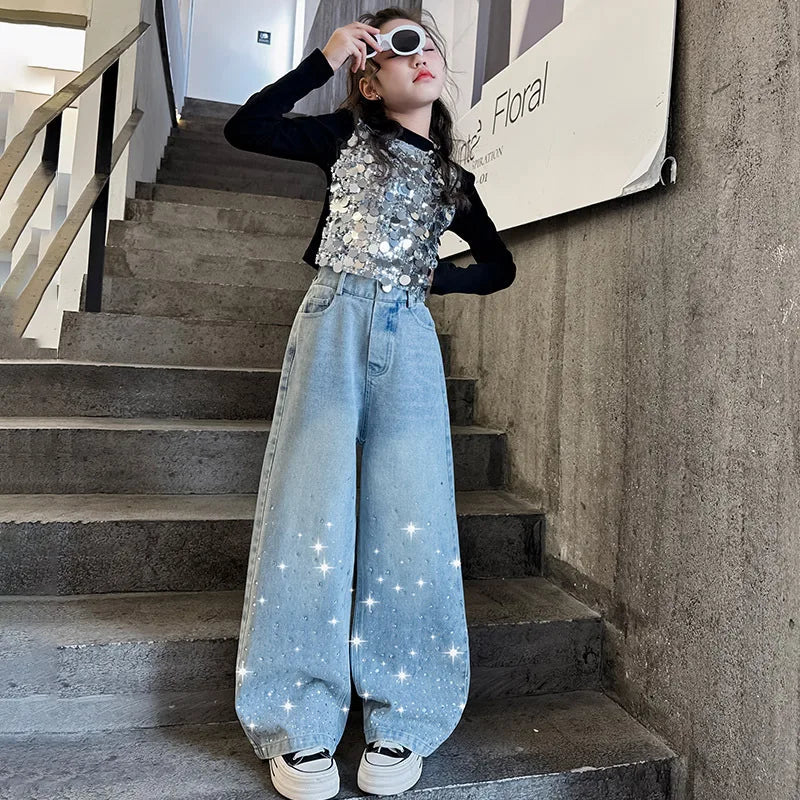 2024 New Kids Girls Wide-Leg Jeans Fashion Rhinestone Sequin Elastic Waistband Pants Denim Trousers Casual Children Bottoms