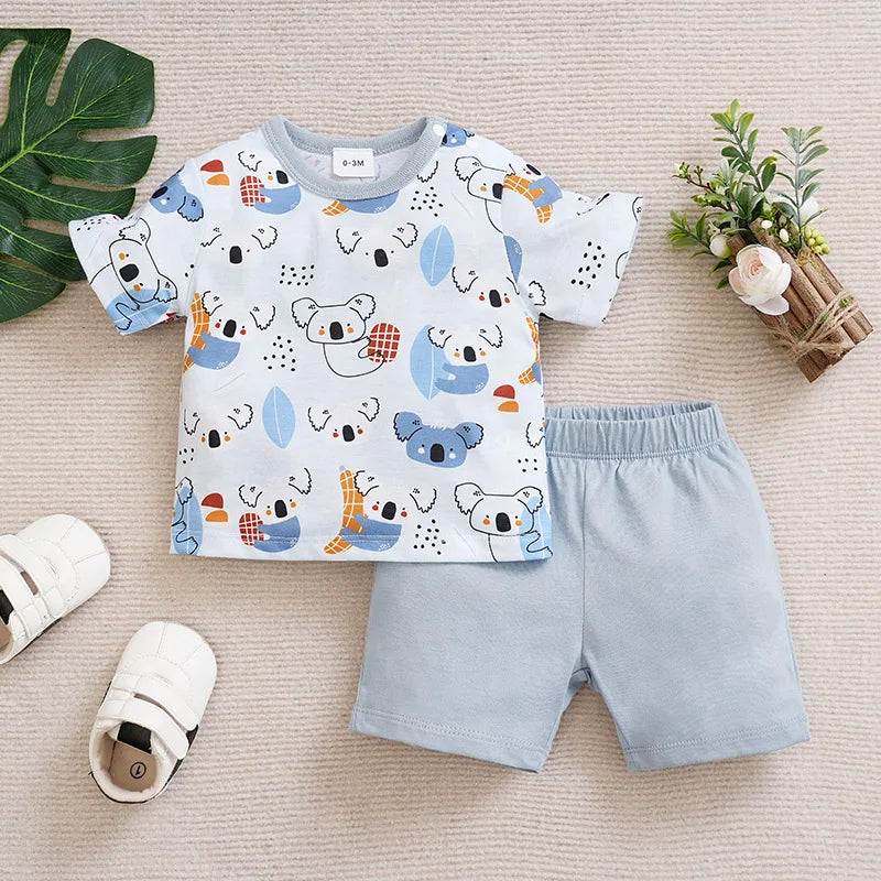 Newborn Clothing Cute Cartoon Animal Print Comfortable And Soft Boy/Girl Summer Short Sleeved Baby T-Shirt+Pants Two-Piece Set