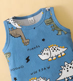 0-3 Years Toddler Baby Boy 2PCS Clothes Set Cartoon Dinosaur Blue Sleeveless Shirt+ Shorts Cute Style Soft Summer Daily Wear