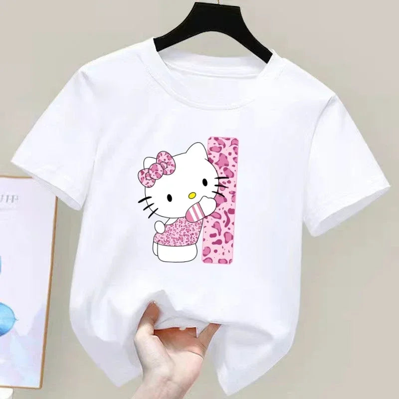 Hello Kitty Letter A-Z Children's Cotton Short-sleeved Top Sanrio Summer T-shirt Girly Heart Soft Clothes Kawaii Birthday Gift