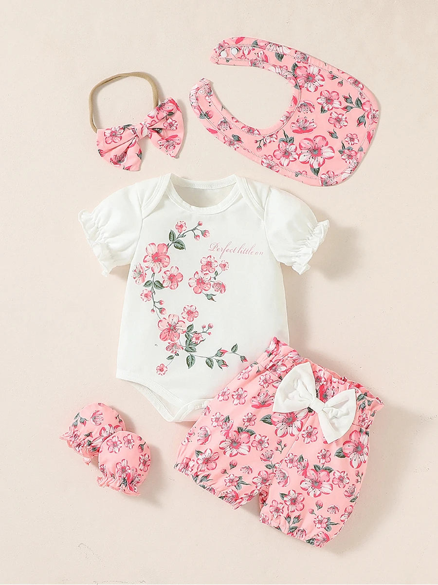 4Pcs Baby Girl Summer Clothes Floral Printed Short Sleeve Shorts Set +Romper Top For Active +Bib+Gloves+Headband