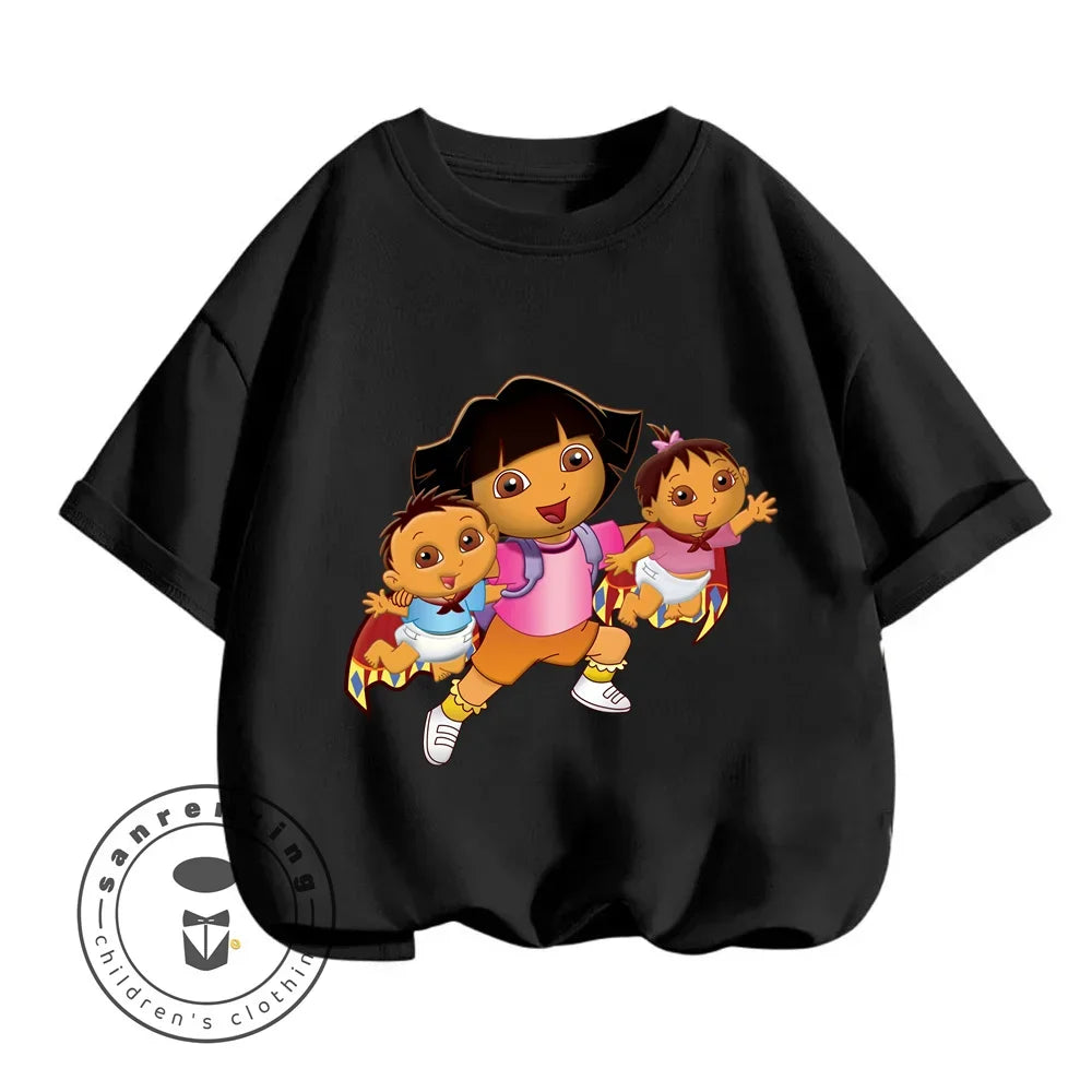 Fun Boys Girls Fashion T-shirt Dora Animated Cartoon Printed Kids T-shirt Hip Hop Boys Clothes White Short Sleeve Shirt Top