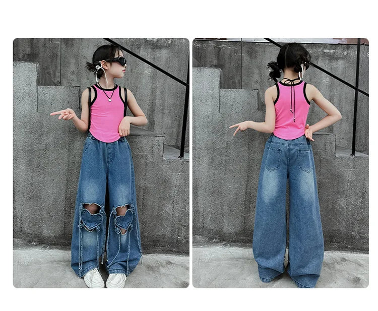 Girls Ripped Jeans Summer New Children's Loose Wide-leg Pants Kids Clothes Teenager Girl Fashion Heart Hollow Out Denim Trousers