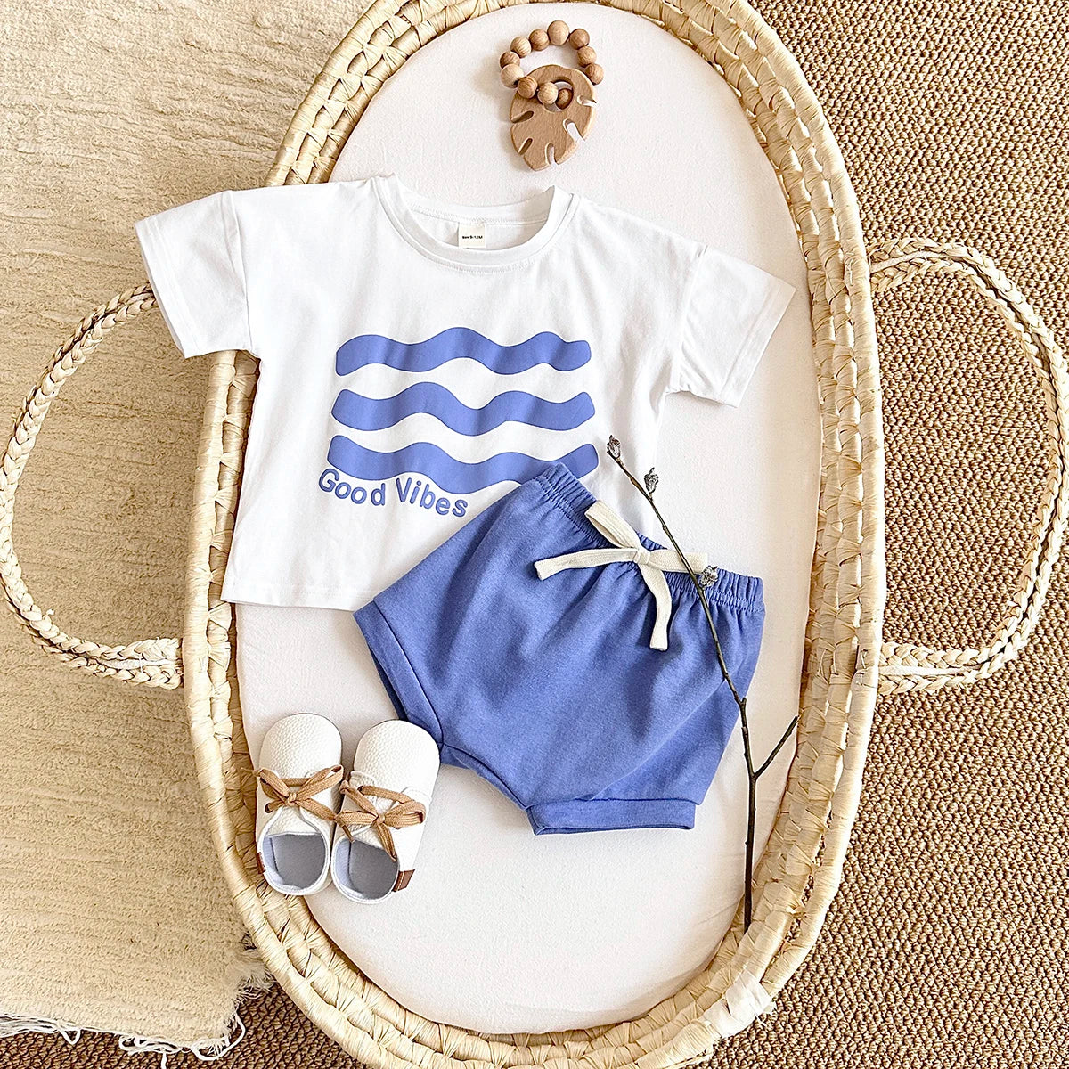 Summer Newborn Boys Baby Set Ripple Flower Pattern Short Sleeved T-shirt+Beach Shorts Cotton Casual Girls Clothing Suit 0-3Y