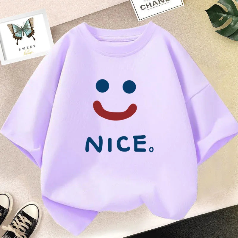 Happy Smile Design Girls Tshirt Kids Street Breathable Tops Personality Cotton Clothing Summer Cool Sports T-Shirts