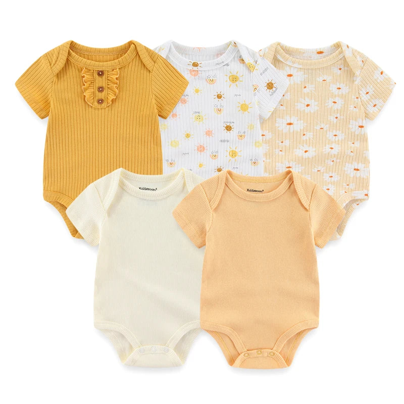 Unisex 5Pieces Newborn Bodysuits Cotton Baby Girl Clothes Set Summer Print Baby Boy Clothes Cartoon Sleeveless Solid Color Bebes