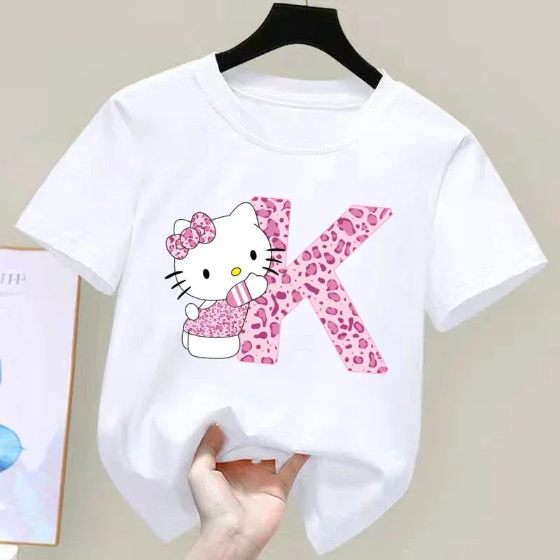 Hello Kitty Letter A-Z Children's Cotton Short-sleeved Top Sanrio Summer T-shirt Girly Heart Soft Clothes Kawaii Birthday Gift