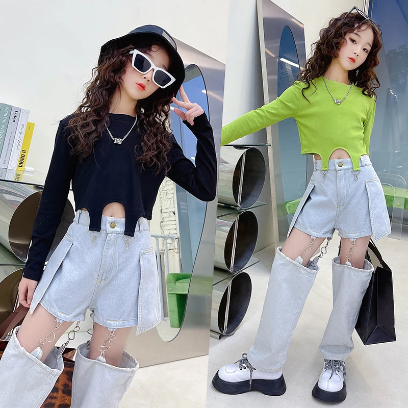 Fashionable Children's Jeans Teens Girls Pants Hip Hop Hooks Split Jeans Shorts Spring Summer Kids Trousers Trend Wide-Leg Jeans