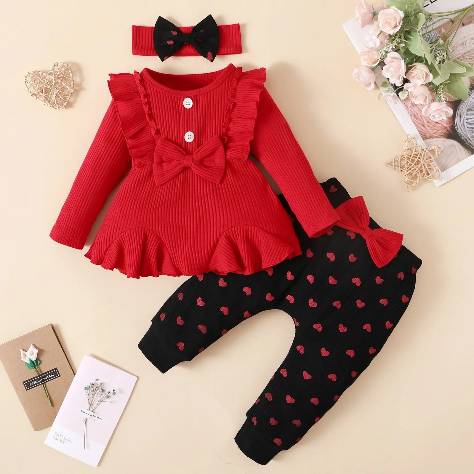 3Pcs Baby Girl Clothes Sets Bowknot Red Top Love Printed Trousers Casual Infant Outfits Newborn Toddler Clothing 3M 6M 12M